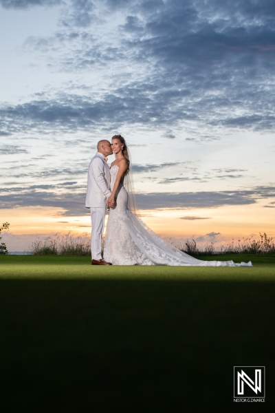 Bride and groom sunset photoshoot at the golf course