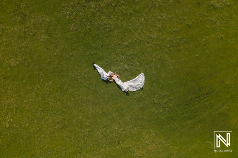 Trash the dress session at golf course.  Aerial view