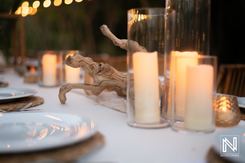 Elegant Outdoor Table Setting With Candles, Driftwood Accents, and Dinnerware Arranged for a Cozy Evening Dining Experience Under Soft Lighting