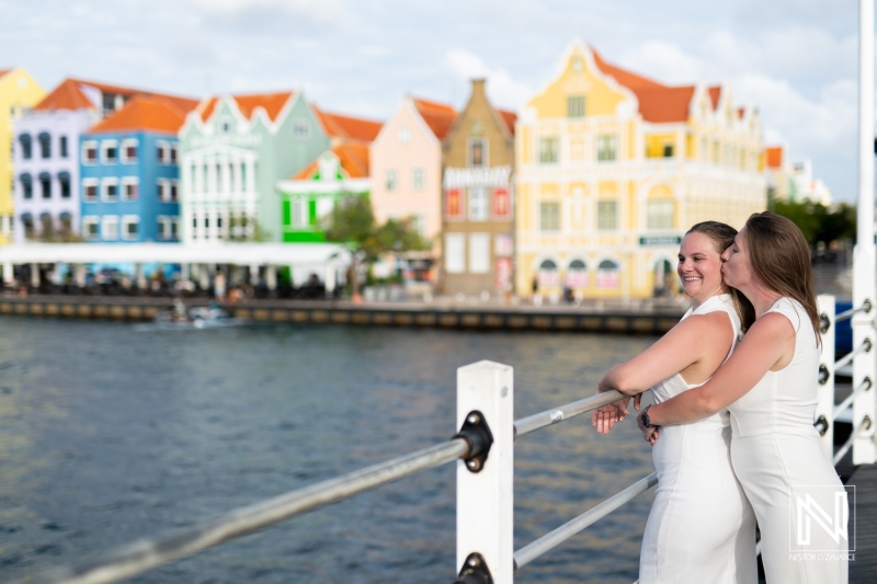 Celebrating love at sunset during an LGBT wedding photoshoot in vibrant Willemstad, Curacao