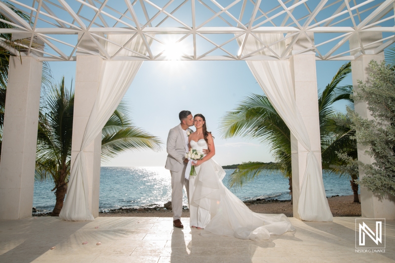 Bride and groom at the wedding gazebo