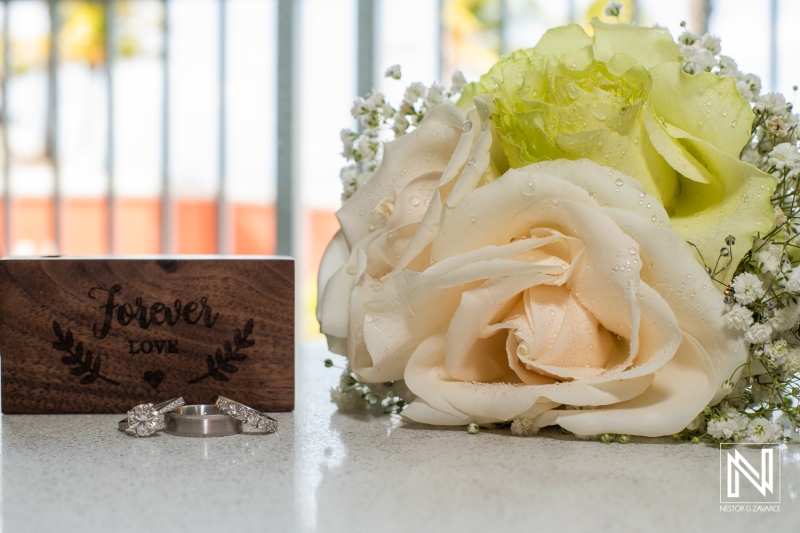 Wedding rings and bouquet